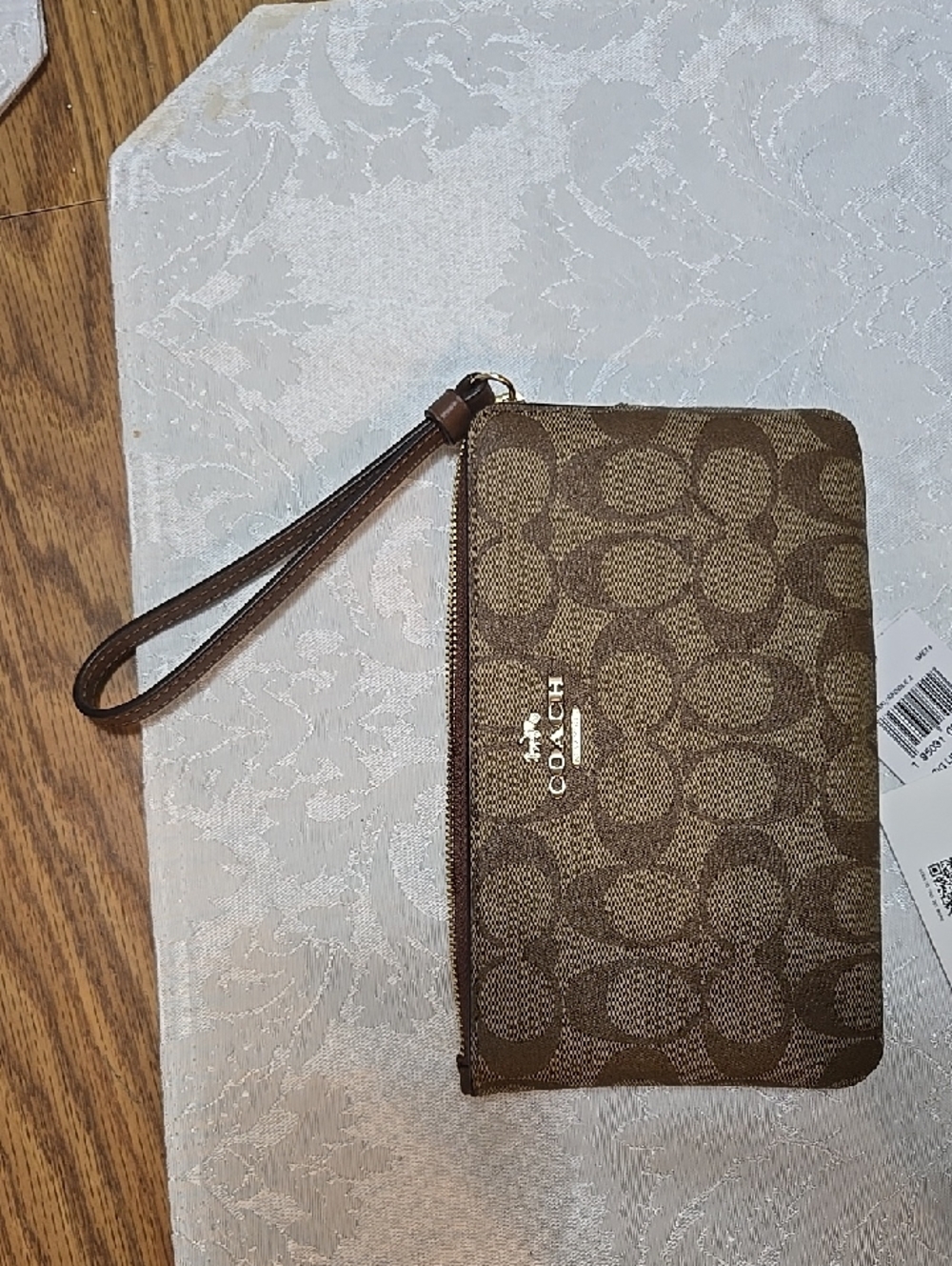 Coach Brown Signature Canvas Zip Wristlet with Strap